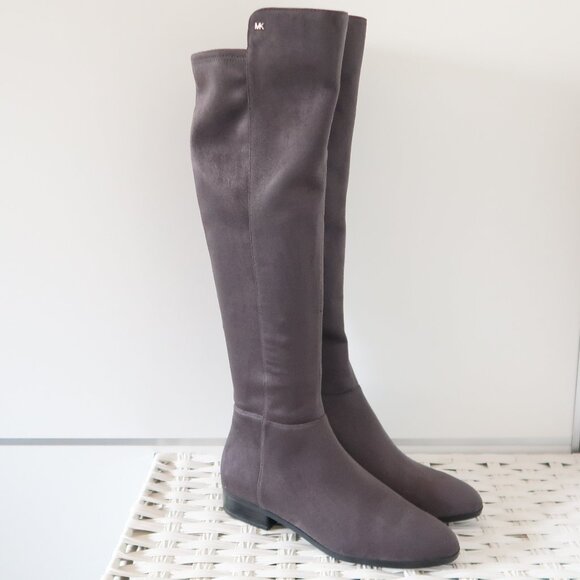 NEW Michael Kors Suede Over The Knee Boots Gray Low Heel Flat Tall Winter Boot 8 - Picture 1 of 15